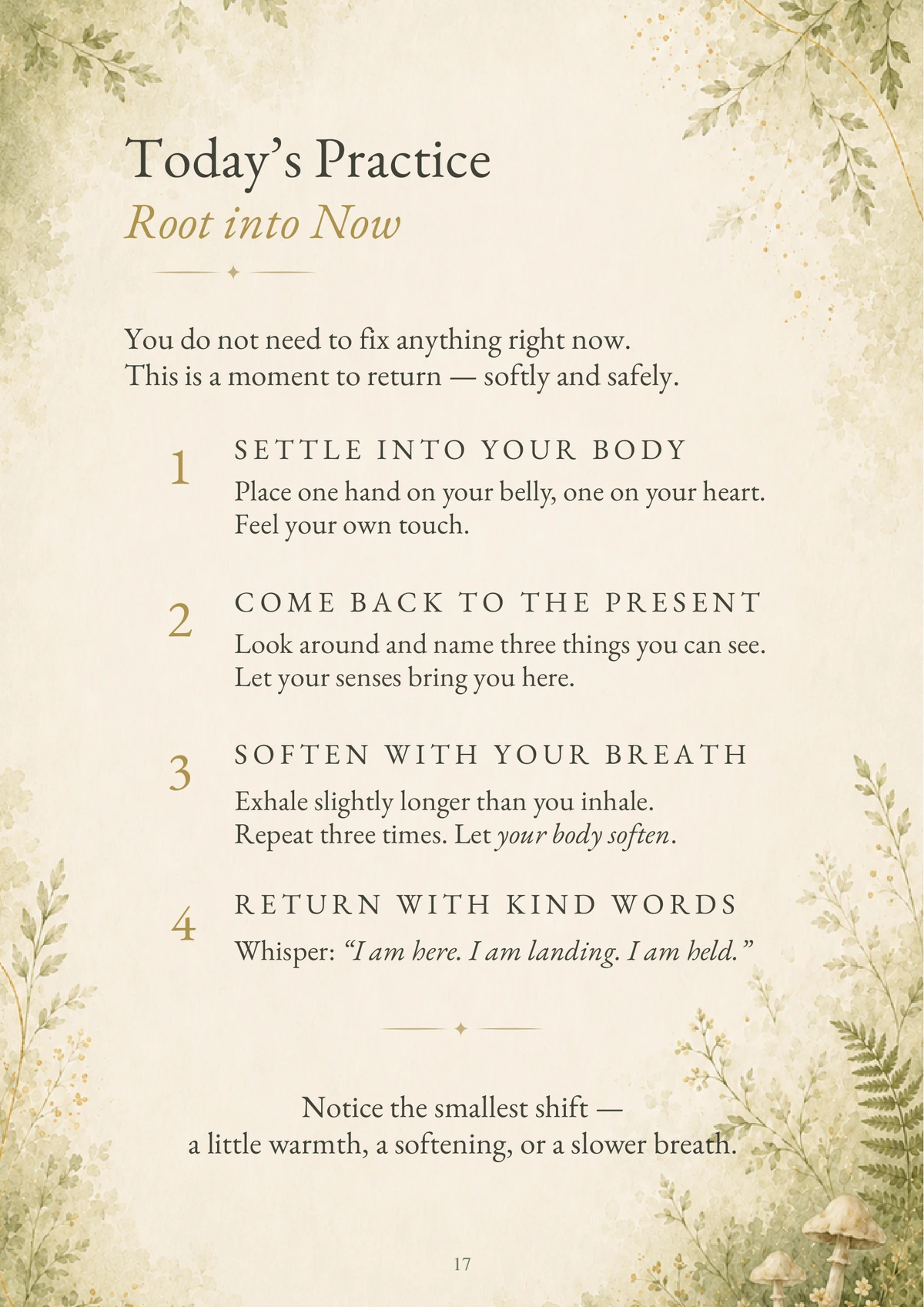 Day 1 Root into Now practice with four small grounding steps.