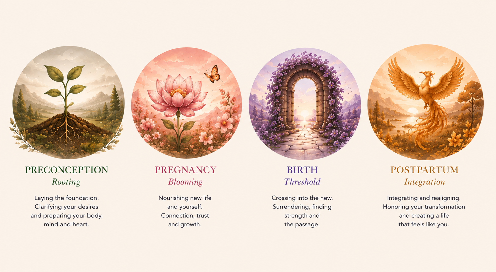 The Womb Visions Motherhood Continuum: Preconception as Rooting, Pregnancy as Blooming, Birth as Threshold, and Postpartum as Integration.