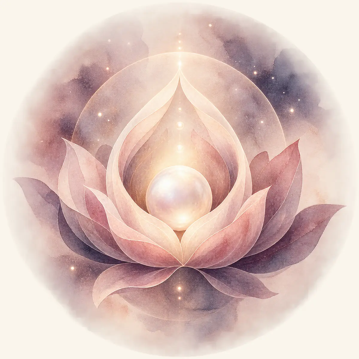 A luminous pearl held within a soft watercolor lotus, representing Celestia.