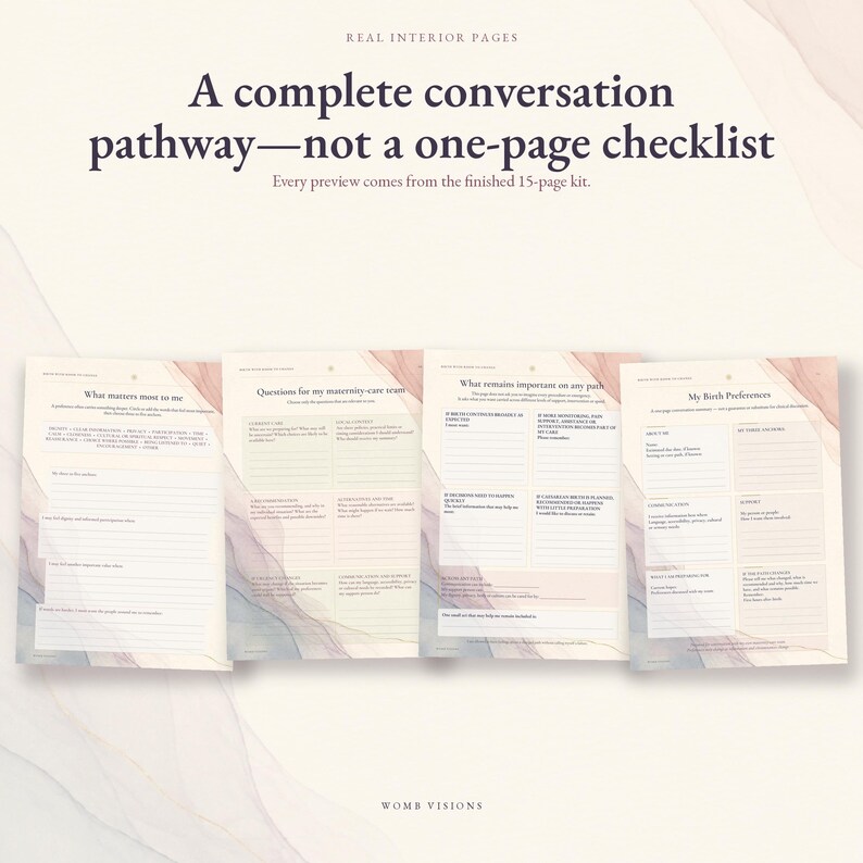 Four real pages from Birth With Room to Change: values, care-team questions, changing paths, and birth preferences summary.