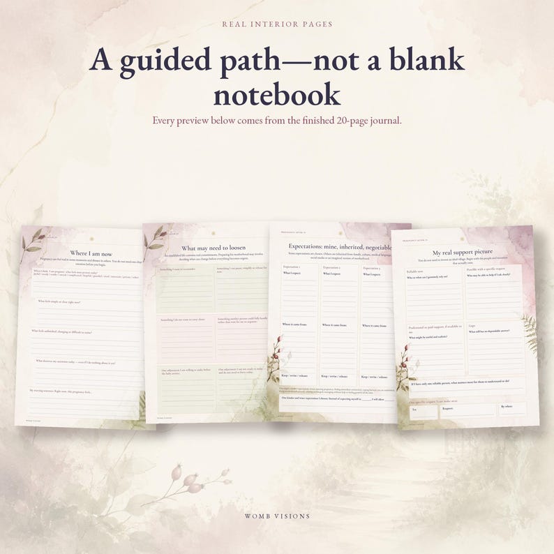 Interior pages from the 20-page Pregnancy After 35 reflection journal.