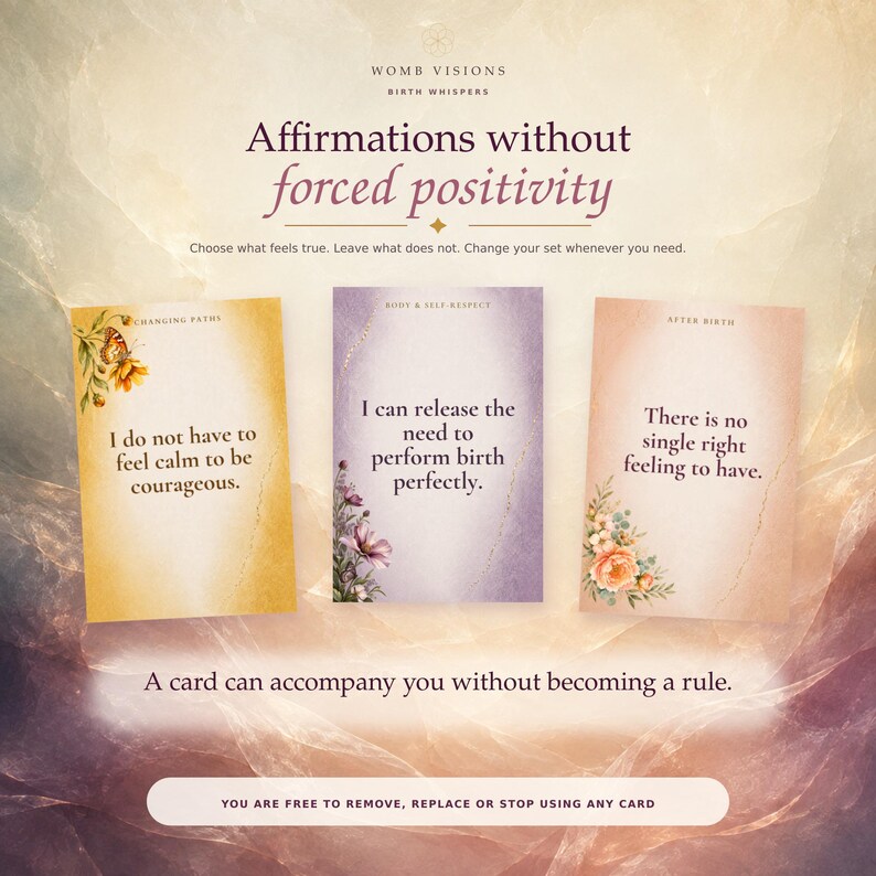 Birth Whispers card examples: courage, freedom from performing birth perfectly and room for different feelings.
