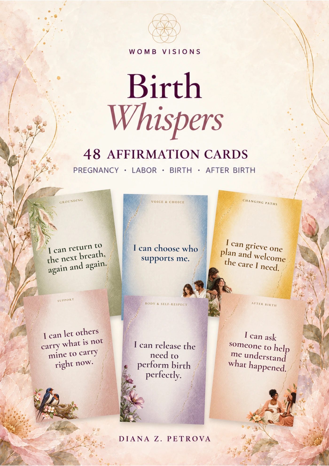 Birth Whispers cover with six sample affirmation cards from the 48-card collection.
