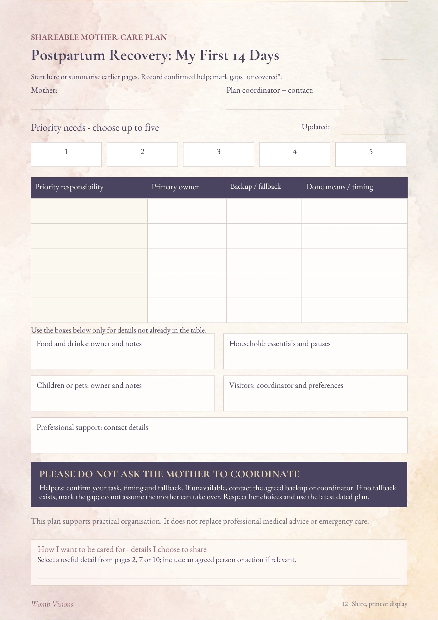 Actual planner page 12: dated mother-care plan with responsibilities, owners, fallbacks and personal care details chosen for sharing.