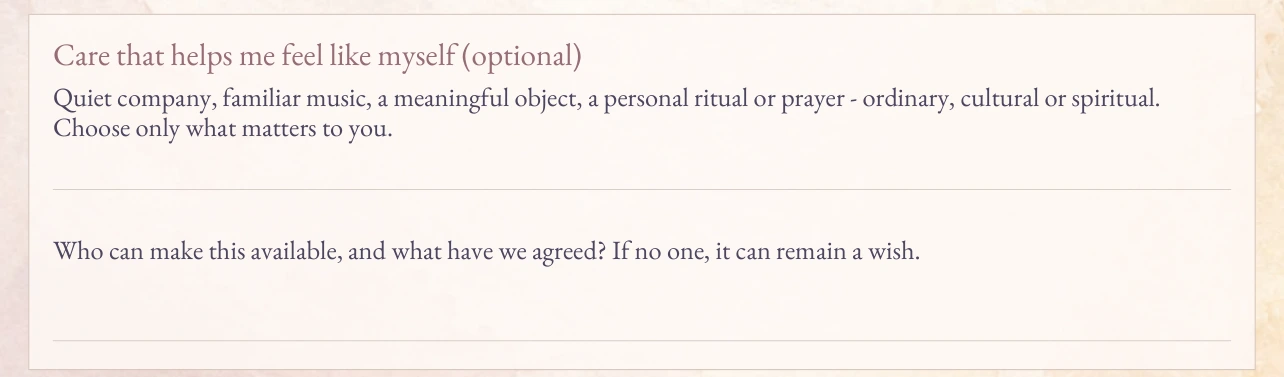 Actual page 7 excerpt: optional care that helps me feel like myself, with personal comforts, cultural or spiritual practices and an agreed helper.