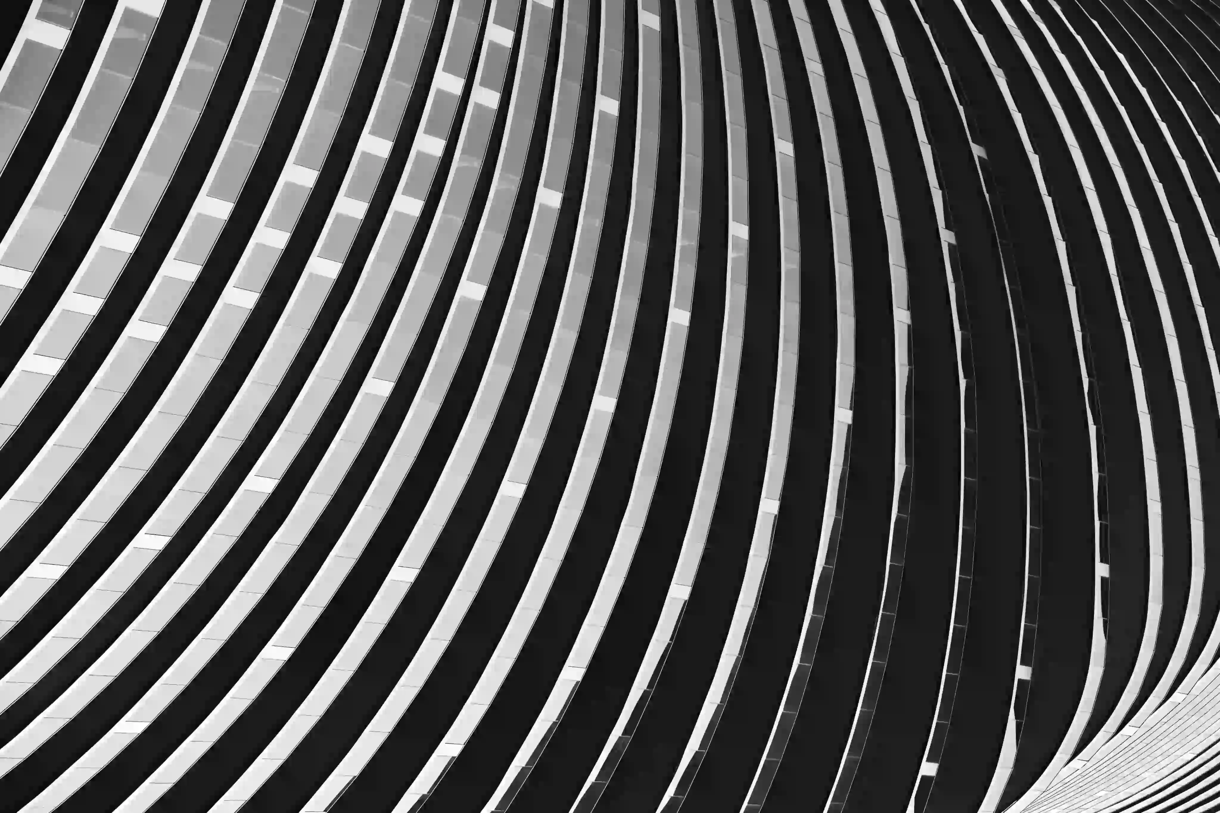 Black and white photo of a modern building facade with curved vertical lines and repeating window patterns.