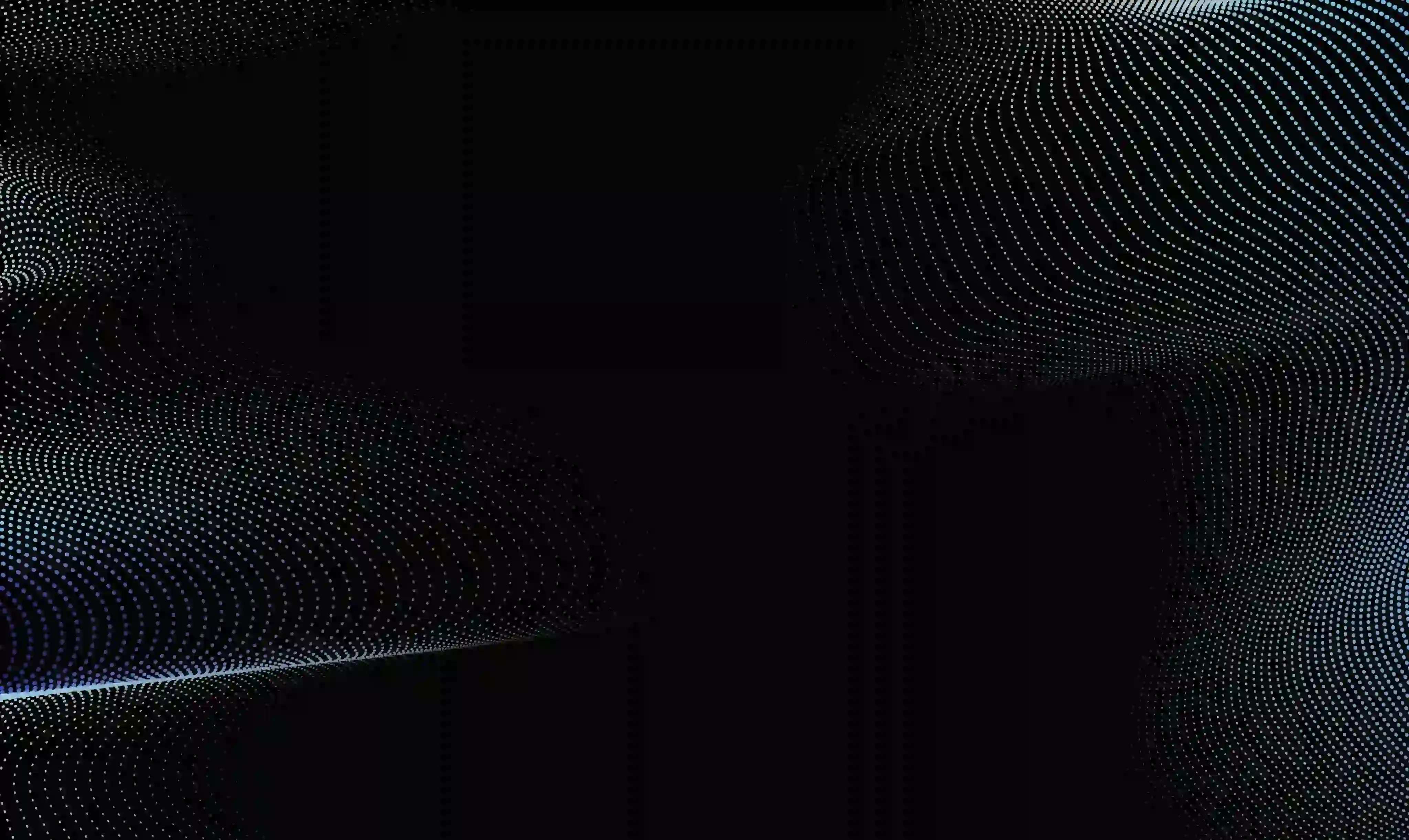 Abstract digital wave made of flowing blue dots on a black background.