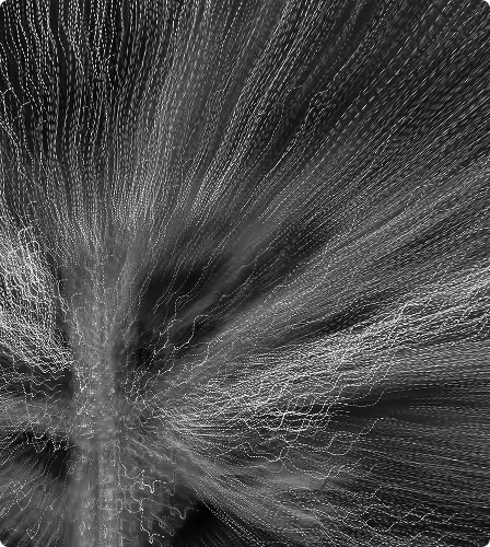 Black and white abstract image with streaks of light radiating outward in various curved lines.