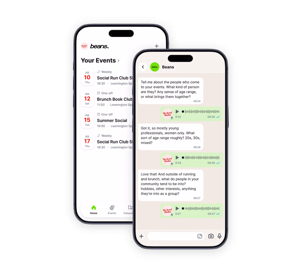 Beans app showing events list and a WhatsApp onboarding chat