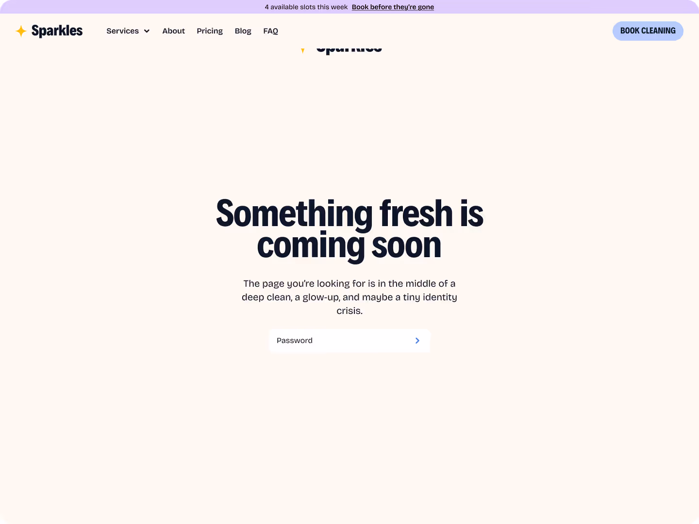 Website page with message 'Something fresh is coming soon', and a password input field below the text.