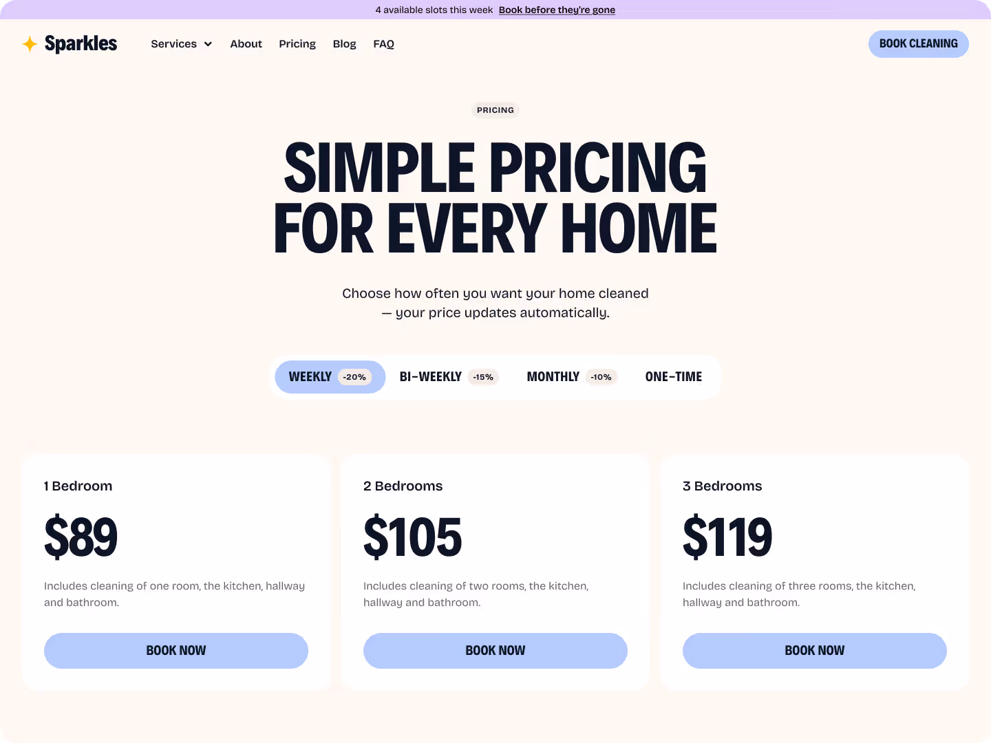 Sparkles cleaning service pricing plans showing weekly rates: $89 for 1 bedroom, $105 for 2 bedrooms, and $119 for 3 bedrooms with booking buttons.