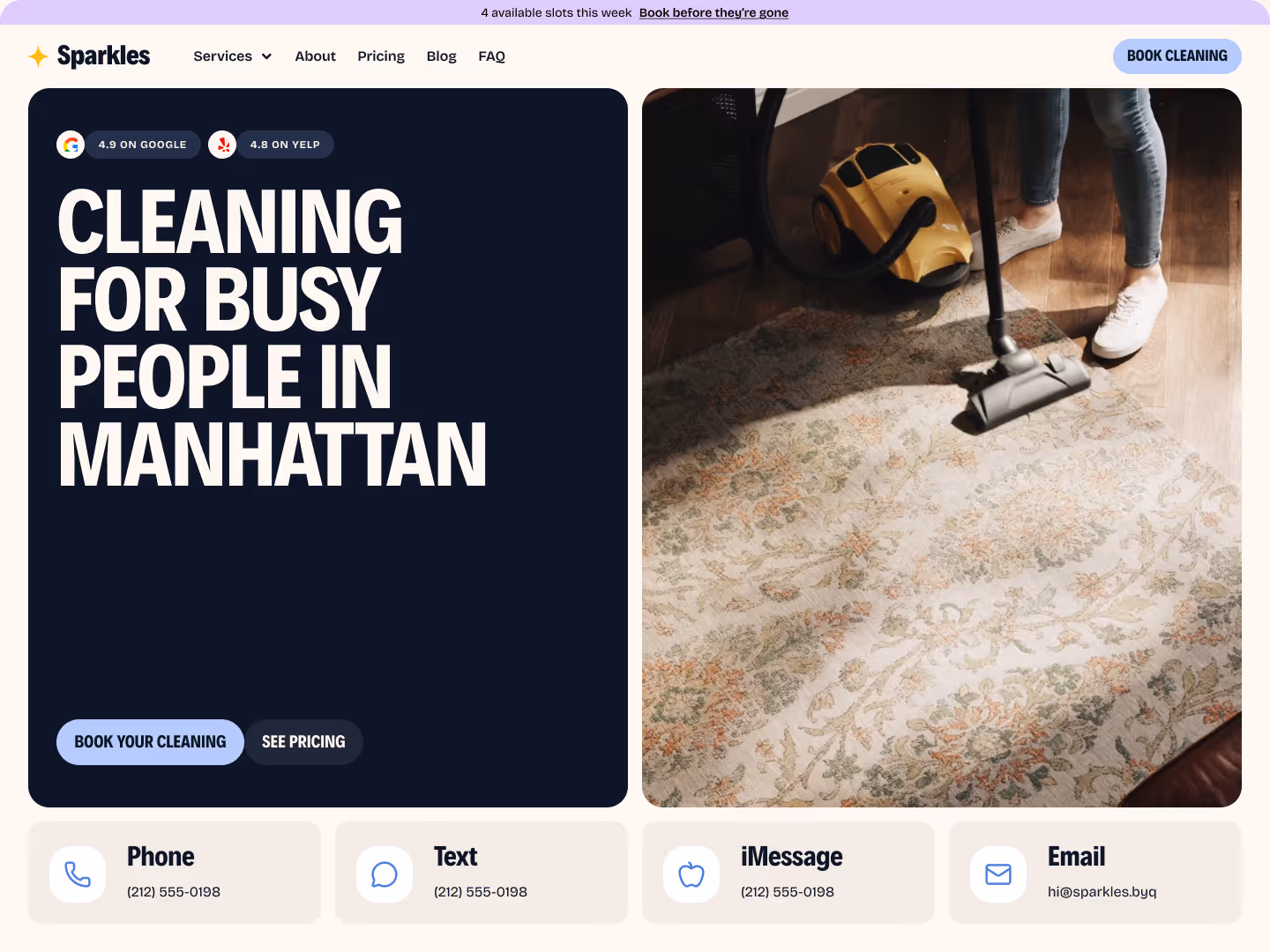 Website homepage showing cleaning service advertisement with vacuuming a rug and contact options.
