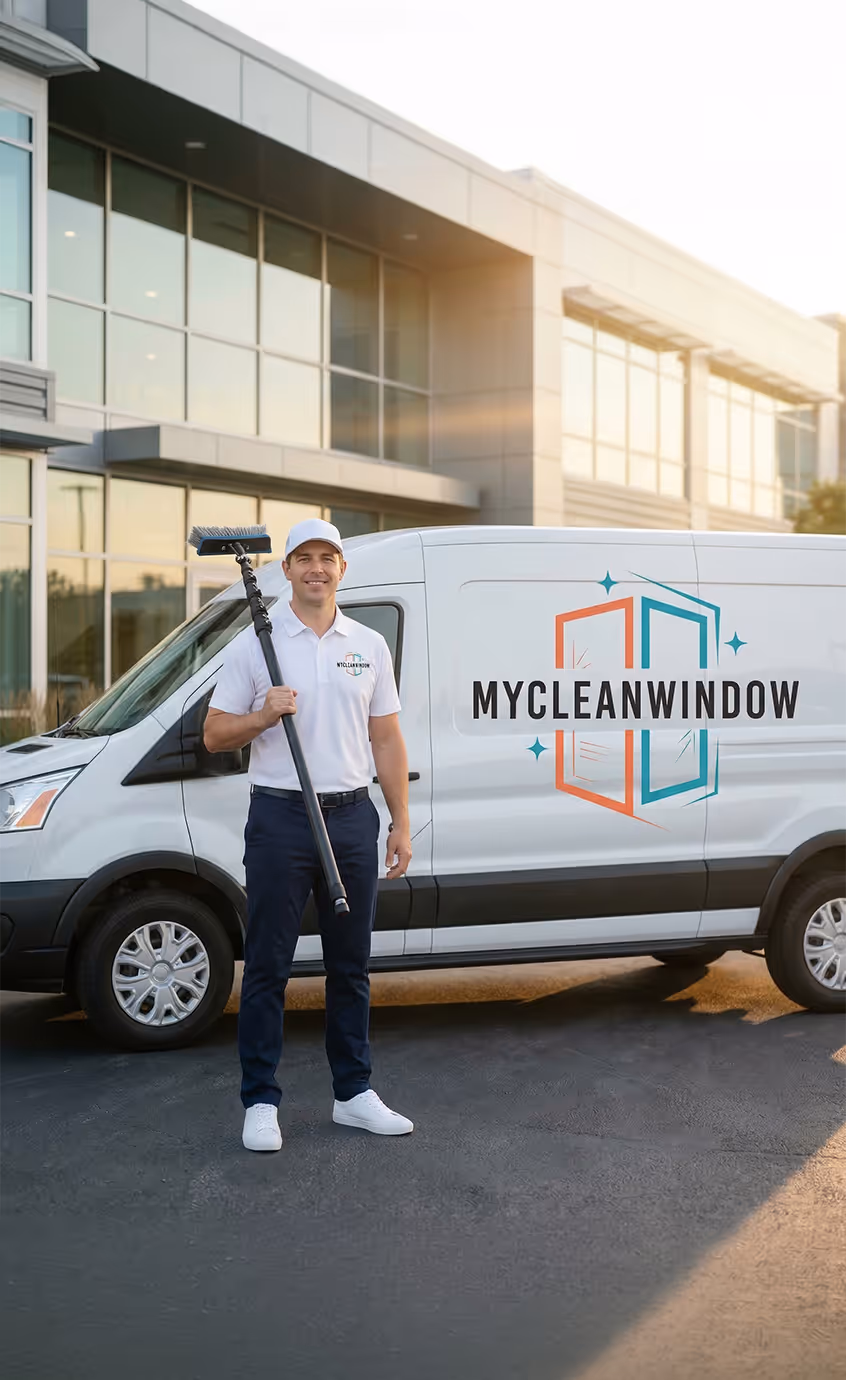 MyCleanWindow technician standing in front of serviced building