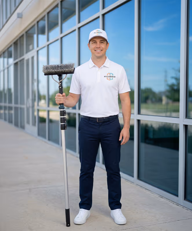 MyCleanWindow technician using pure water fed pole on exterior windows 