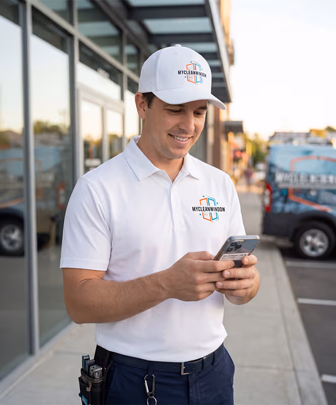 MyCleanWindow technician smiling in branded white polo and cap