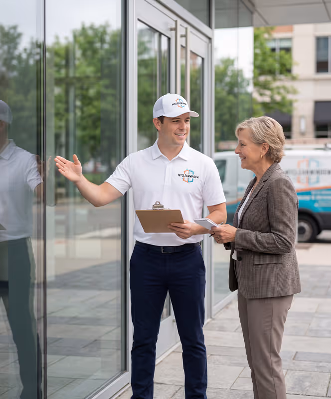 MyCleanWindow team member inspecting cleaned windows