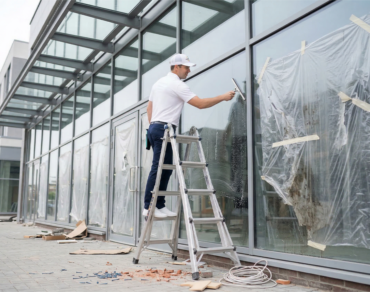 Technician removing construction debris and residue from newly installed windows on a commercial building site