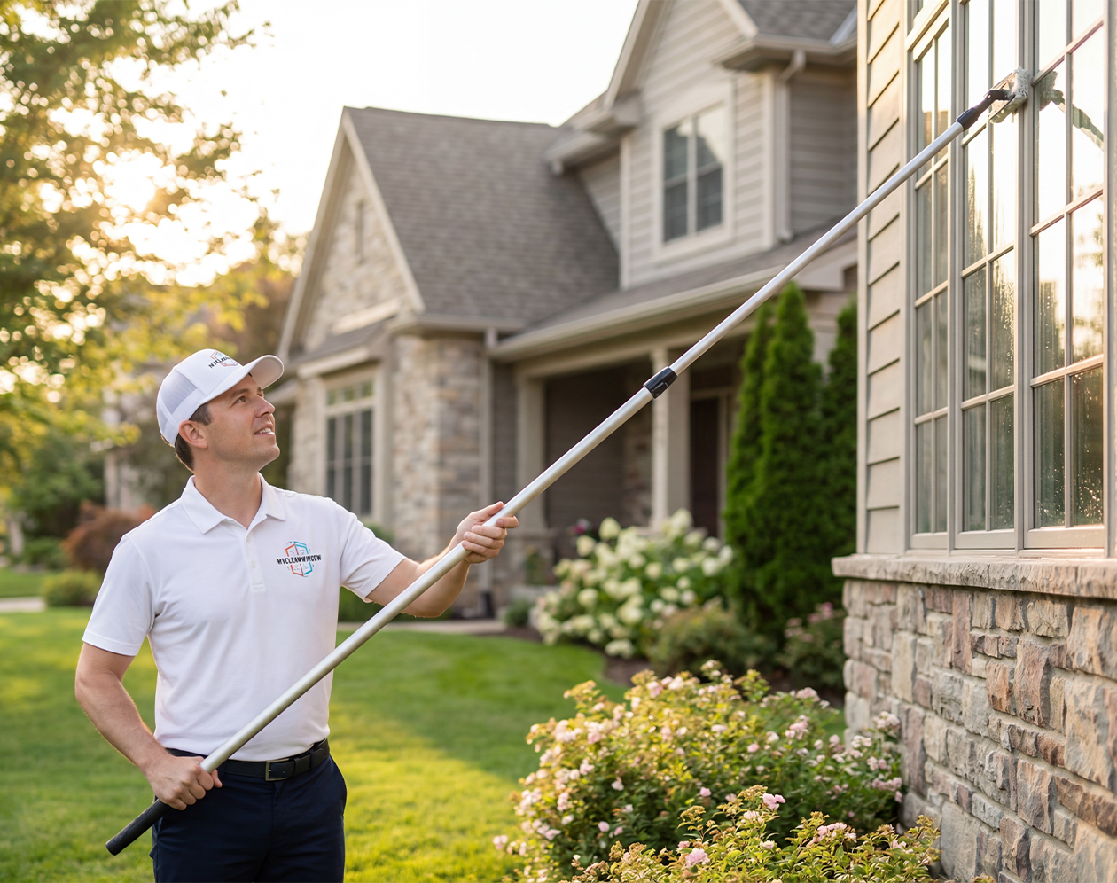 MyCleanWindow technician in white polo and cap cleaning large residential windows on a suburban home in Tarrant County