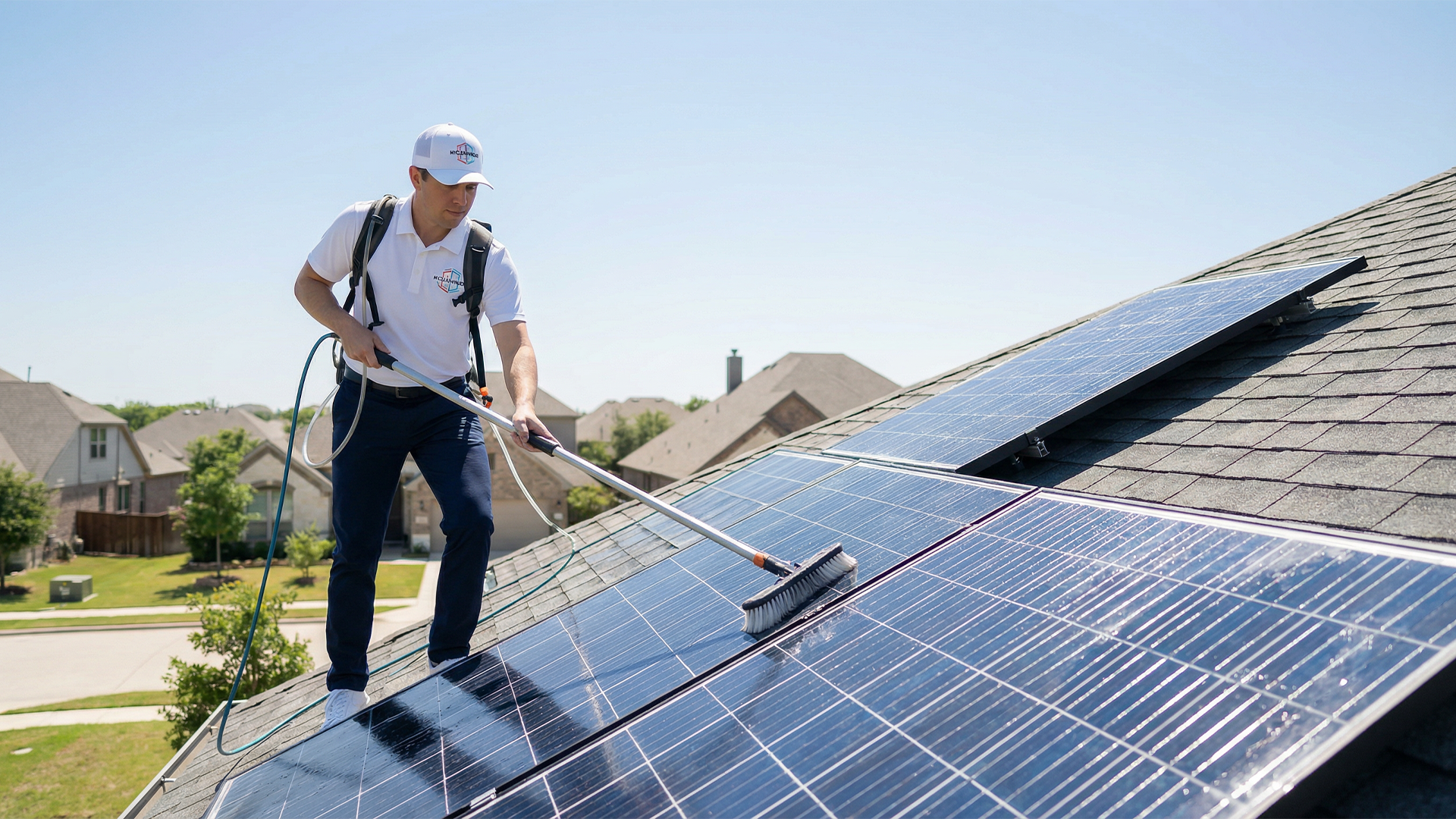Professional technician using a pure water system to safely clean rooftop solar panels on a residential home