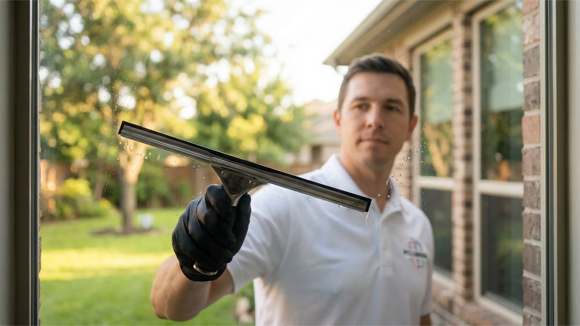 MyCleanWindow technician in white polo and cap cleaning large residential windows on a suburban home in Tarrant County