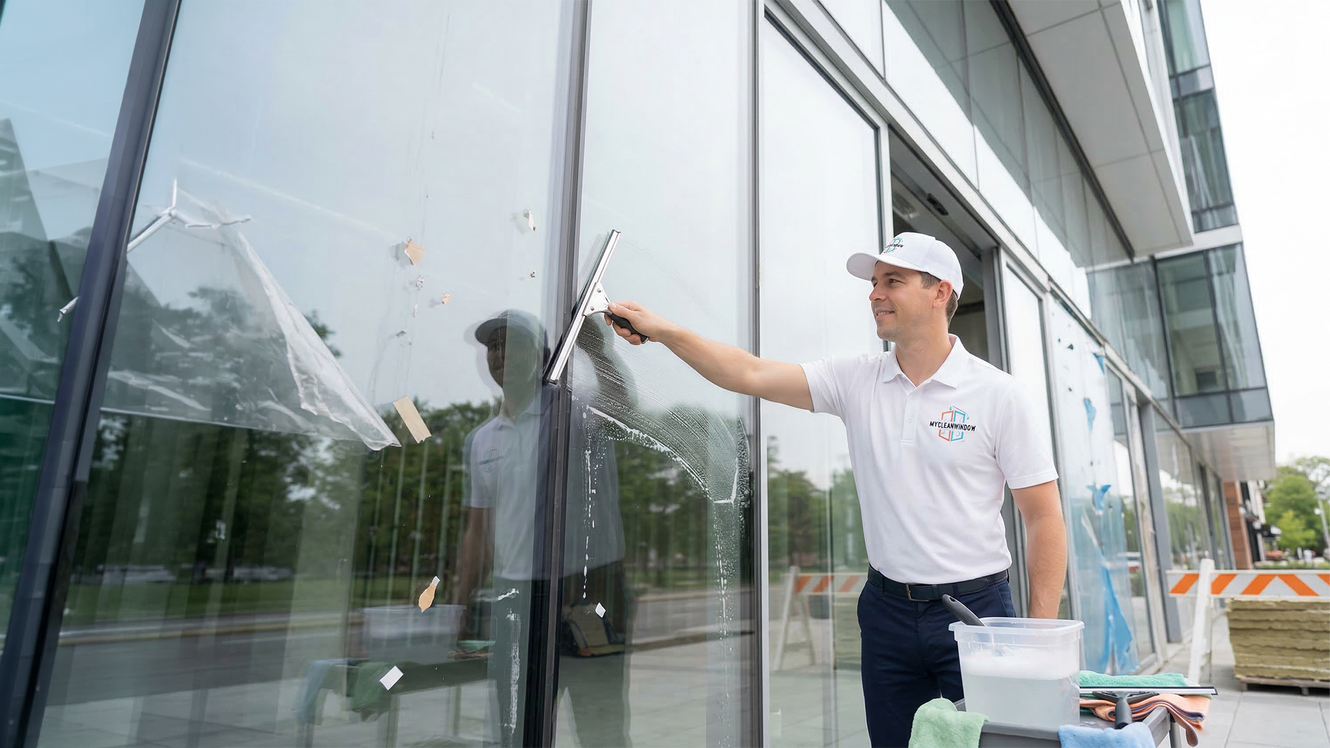 Technician removing construction debris and residue from newly installed windows on a commercial building site