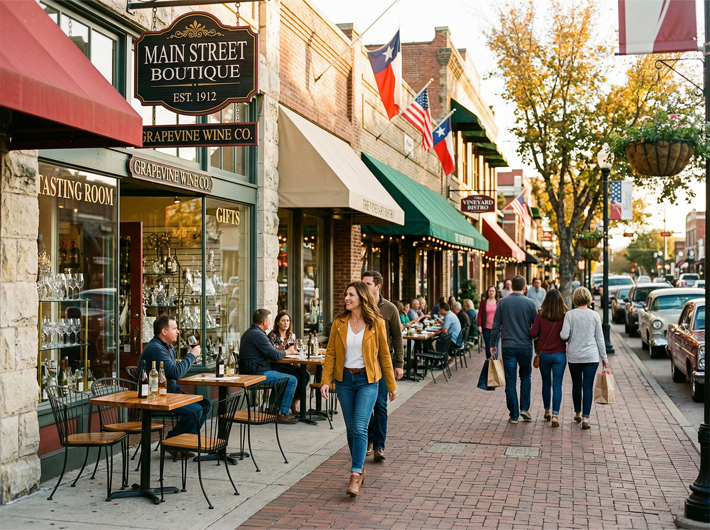 Historic Main Street storefronts with clean display windows in Grapevine, Texas