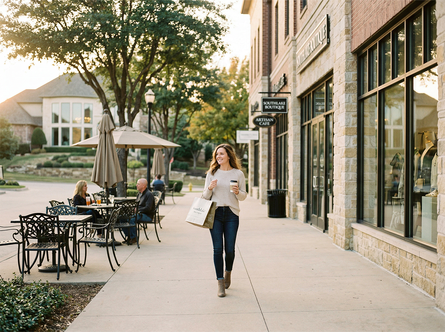 Upscale commercial storefronts and luxury homes in Southlake, Texas