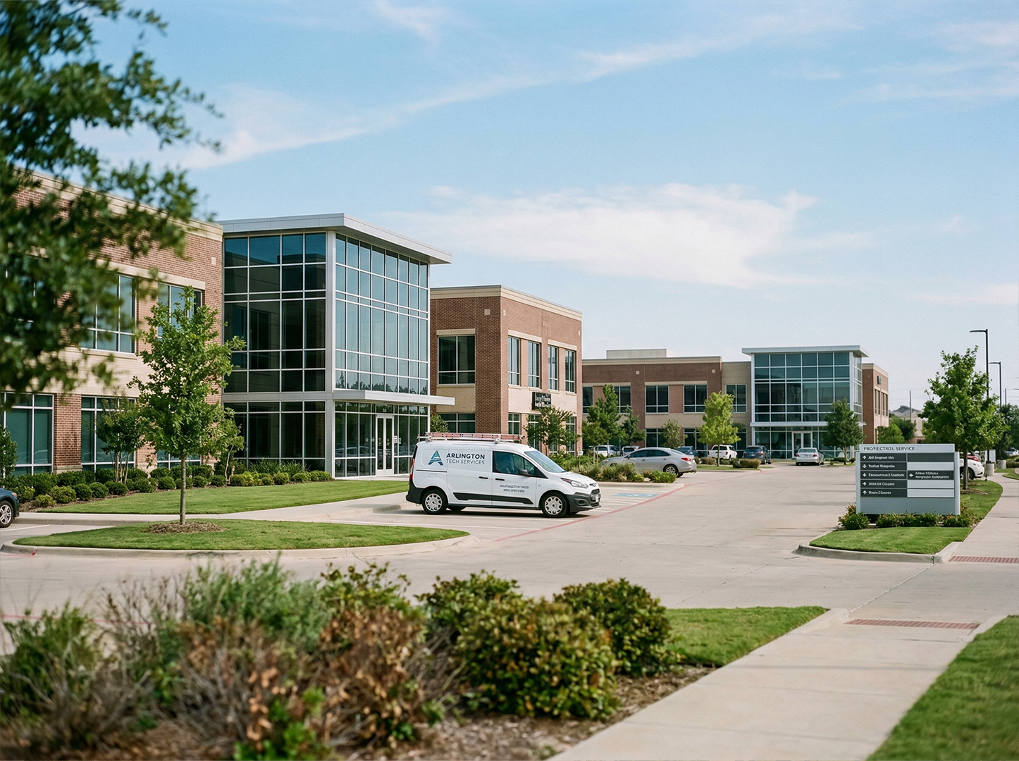 Commercial office park with glass buildings in Arlington, Texas