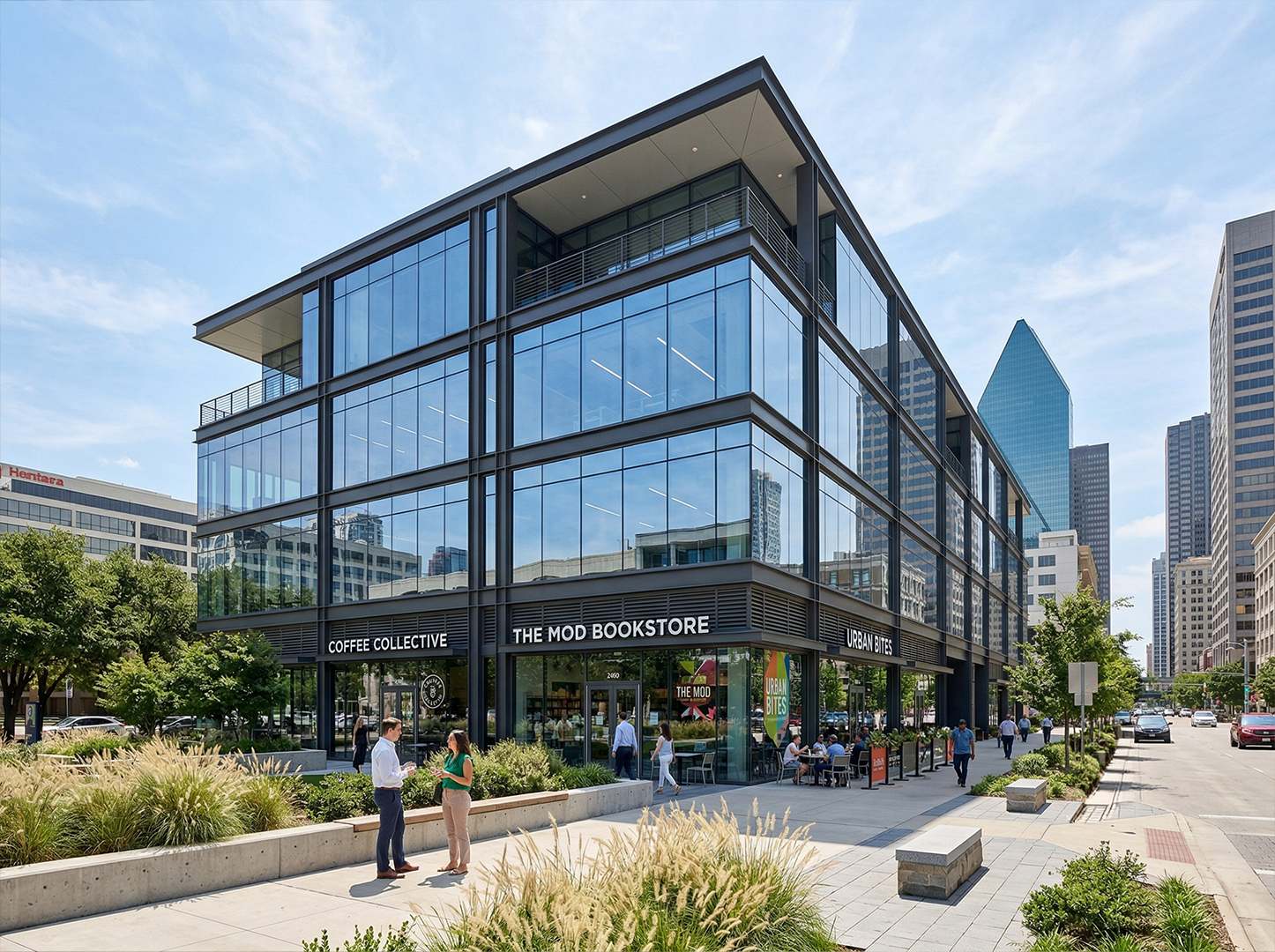 Mixed-use commercial building with glass facade in Dallas, Texas