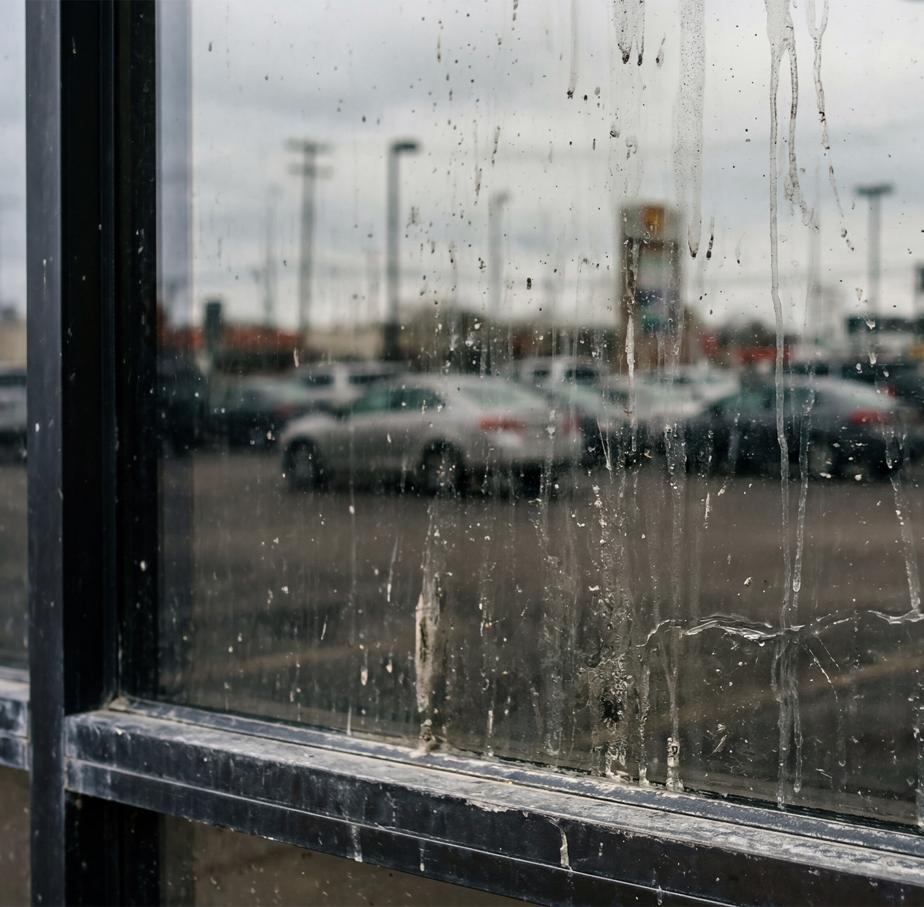 Dirty commercial office window with streaks, water spots, and dust buildup in direct sunlight