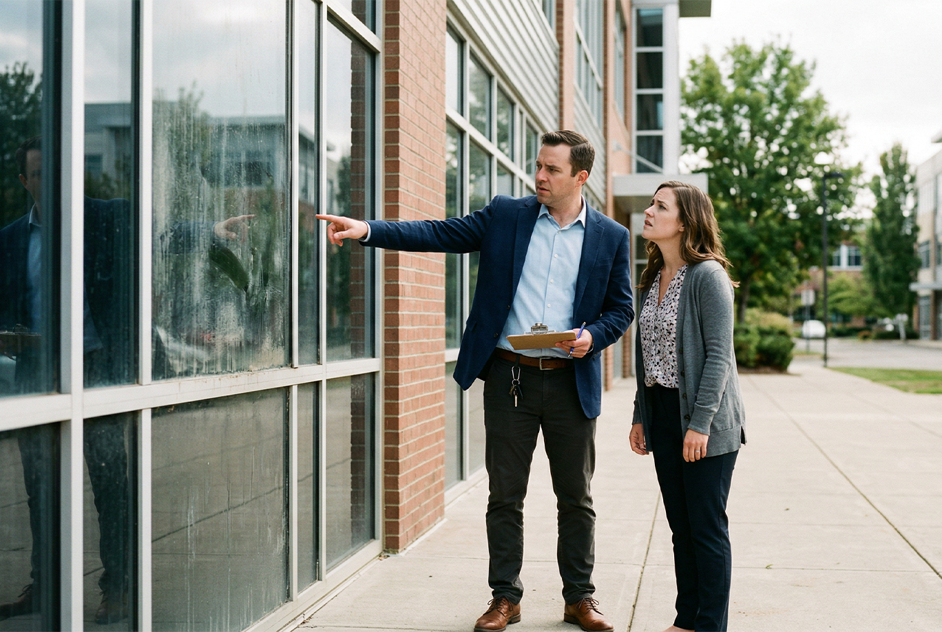 Property manager and prospective tenant looking at grimy exterior windows during a commercial building walkthrough