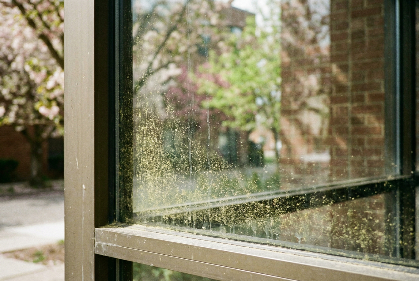 Close-up of yellow-green pollen and dust buildup on a commercial window surface during spring in Texas