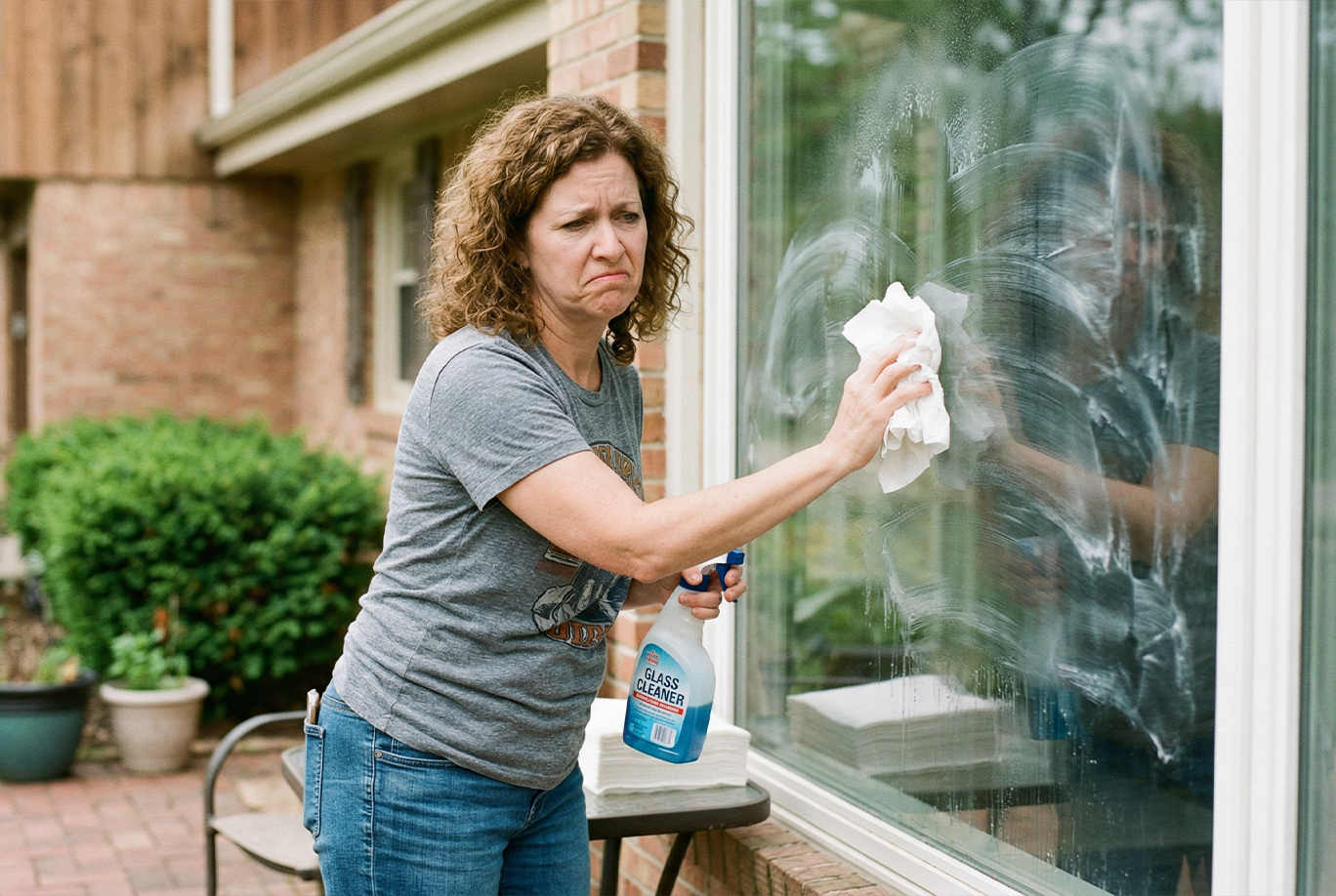 Homeowner attempting to clean a streaky residential window with paper towels and spray bottle with visible streaks remaining on the glass