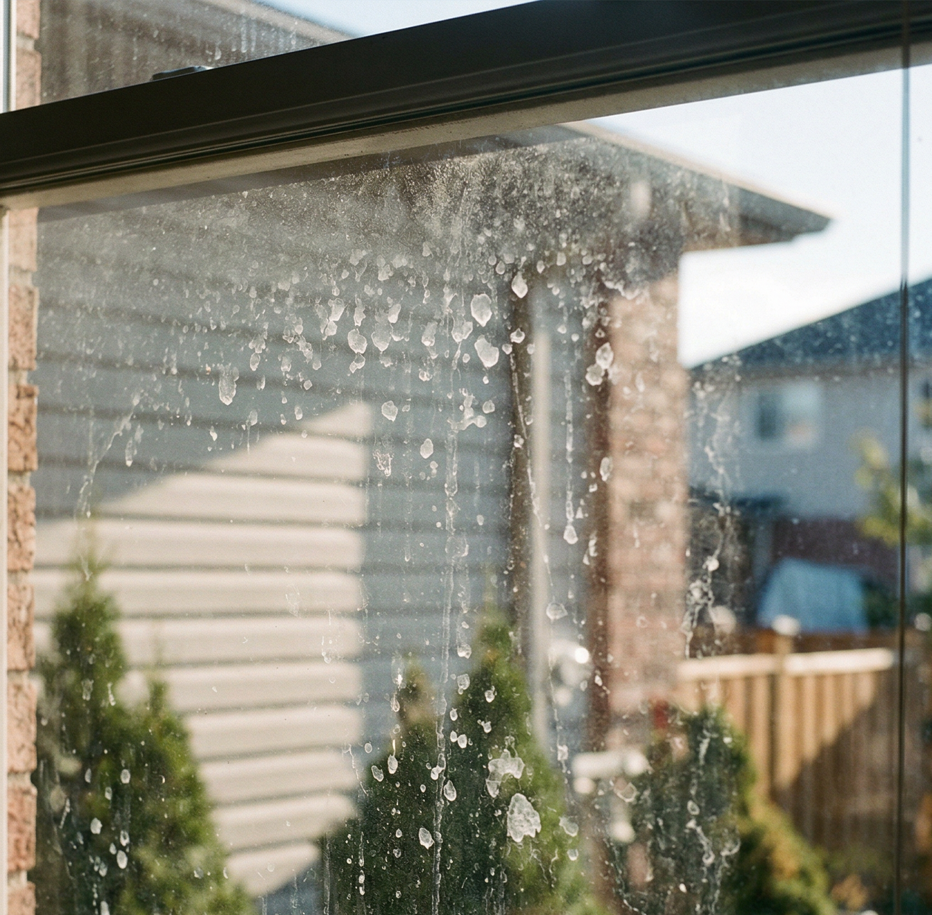 Residential window pane with hard water spots and mineral deposits visible in angled sunlight