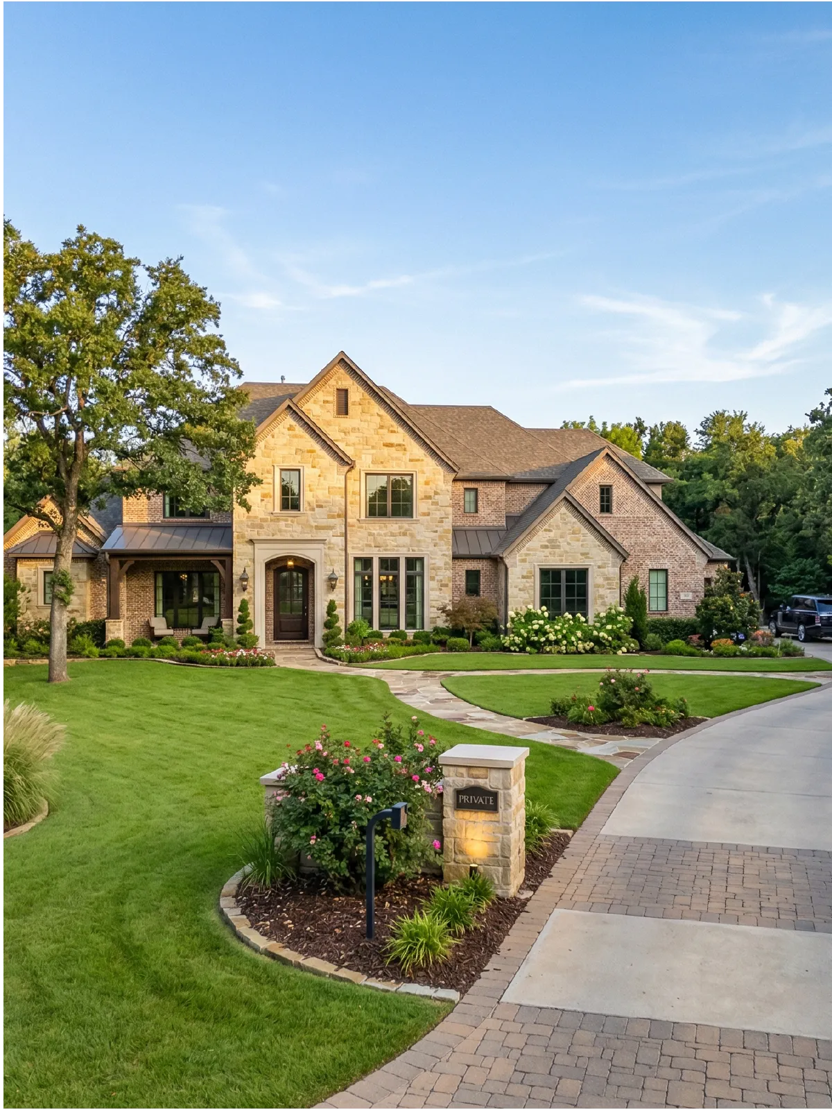 Custom estate home with stone exterior and large windows in Colleyville, Texas