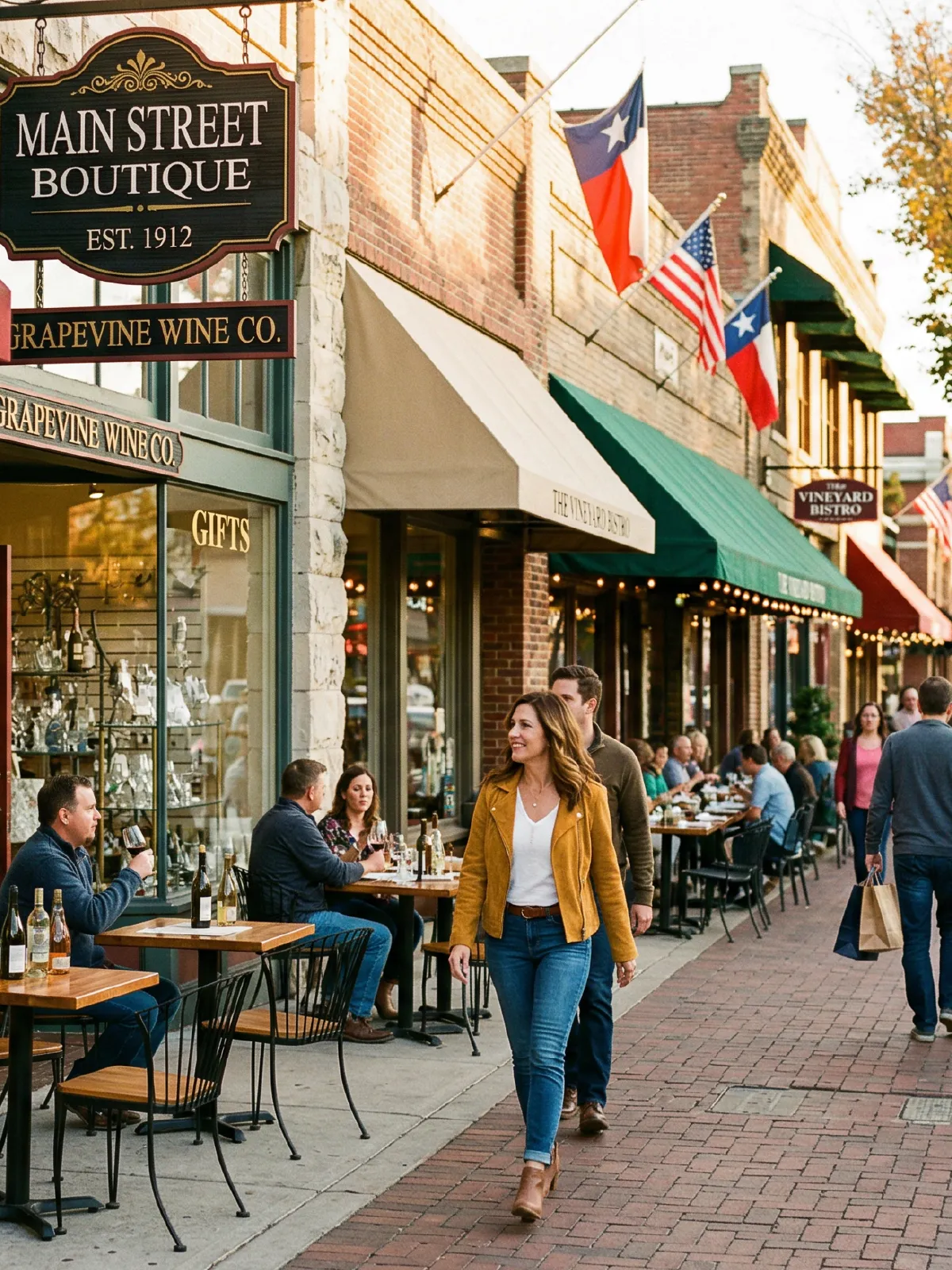 Historic Main Street storefronts with clean display windows in Grapevine, Texas