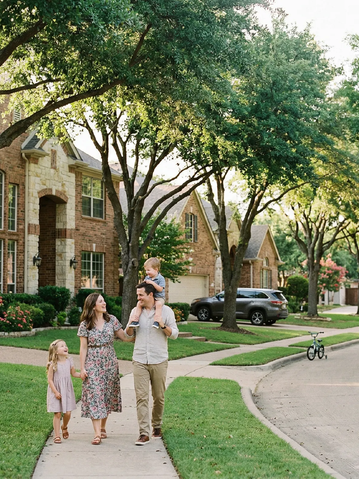 Family neighborhood with brick homes and large windows in Keller, Texas