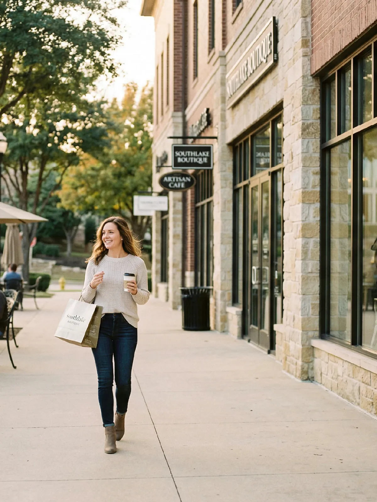 Upscale commercial storefronts and luxury homes in Southlake, Texas