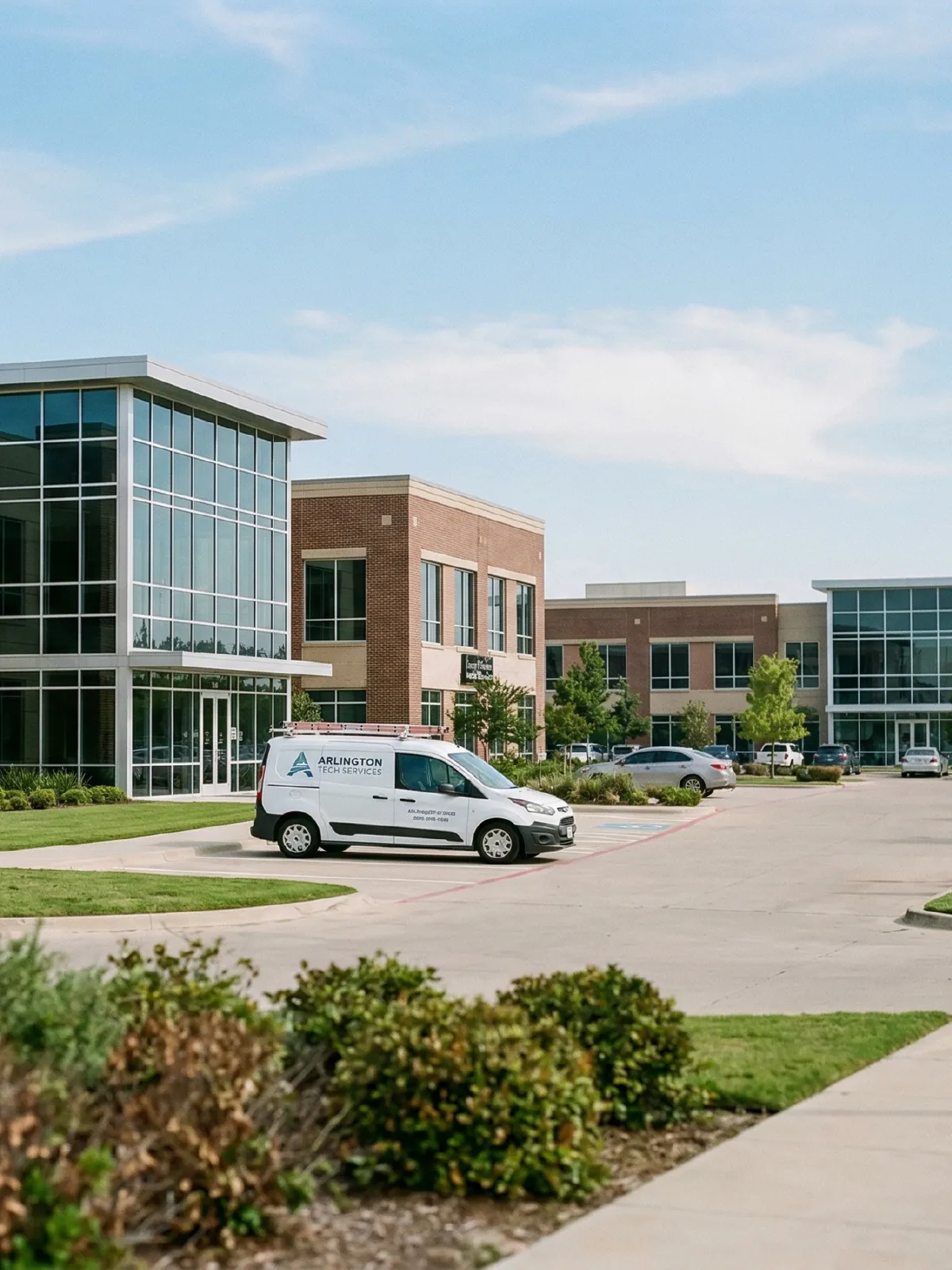 Commercial office park with glass buildings in Arlington, Texas