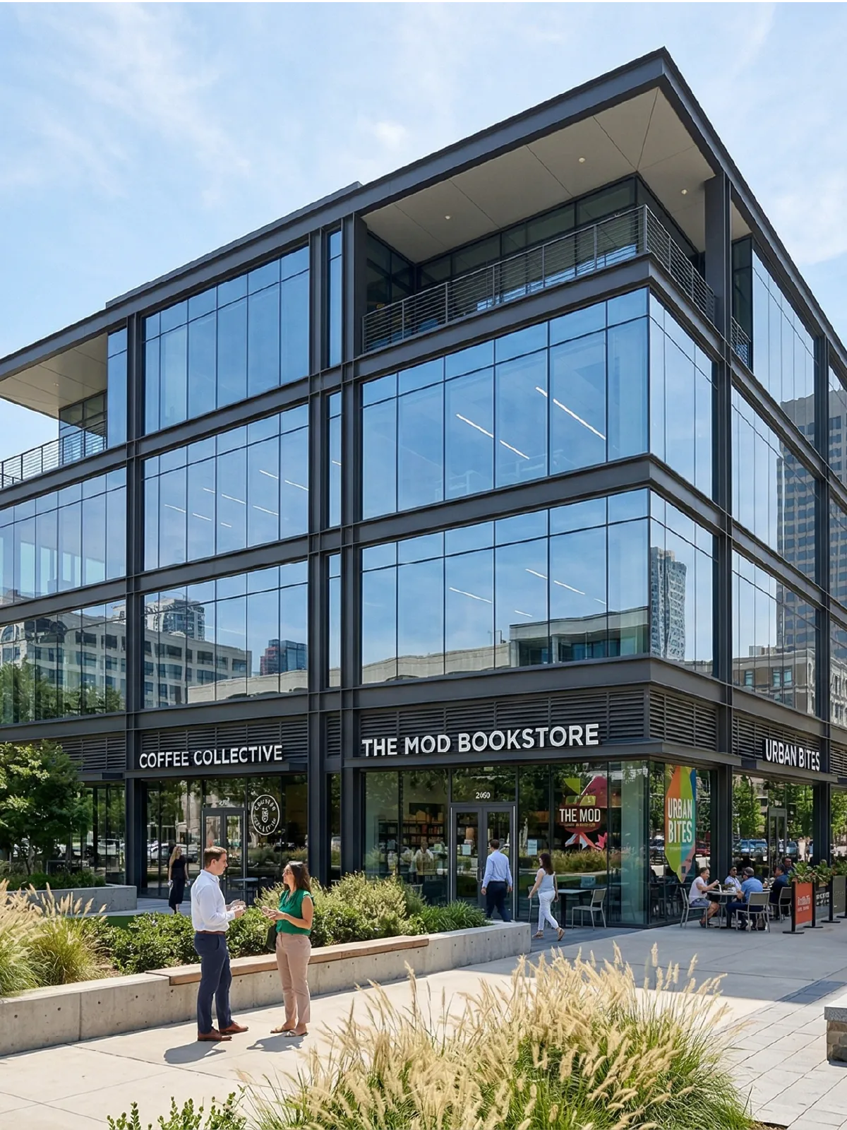 Mixed-use commercial building with glass facade in Dallas, Texas