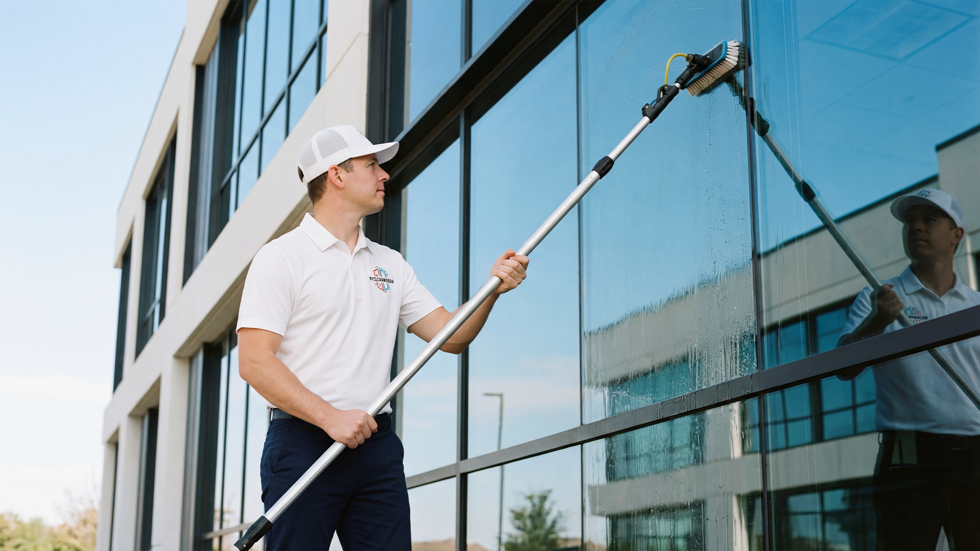Professional window cleaning technician using a water-fed pole to clean exterior windows on a multi-story commercial building in Fort Worth