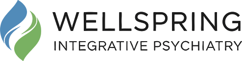 Logo for Wellspring Integrative Psychiatry featuring a stylized circular design with two green faces in profile, a tree with leaves, and a lotus flower.