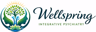 Logo for Wellspring Integrative Psychiatry featuring a stylized circular design with two green faces in profile, a tree with leaves, and a lotus flower.