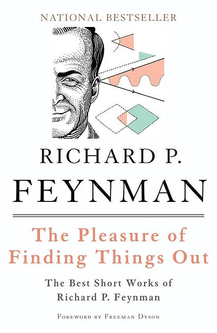 Cover of "The Pleasure of Finding Things Out" by Richard P. Feynman. Features a partial face sketch and geometric shapes. Text: National Bestseller.