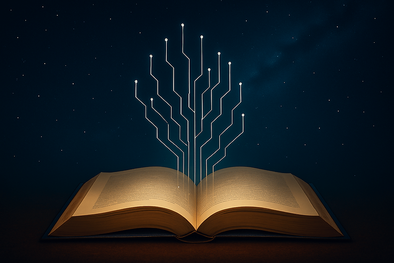 Open book with glowing circuit-like lines emerging, set against a starry night sky. Futuristic and imaginative atmosphere.