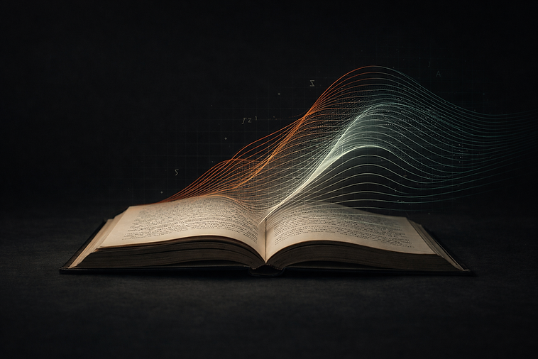 An open book with flowing digital lines above, set against a dark background. The lines glow with orange and white, creating a magical effect.
