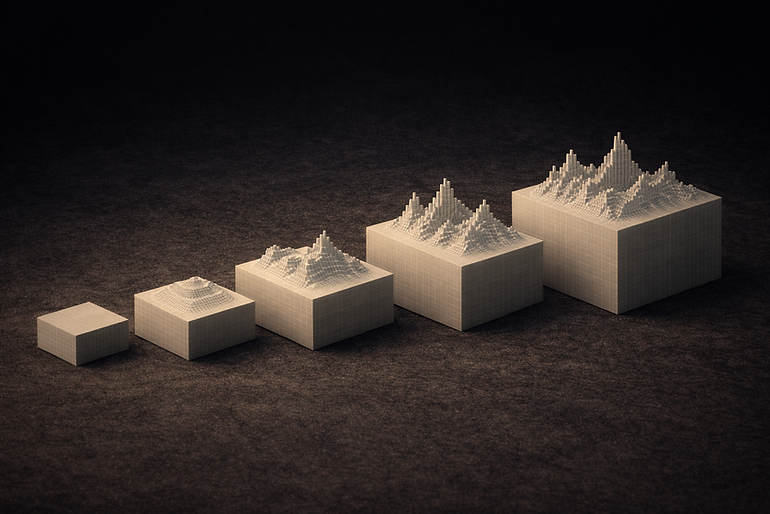 Five beige cubes with ascending 3D mountain formations on a brown textured surface, each cube increases in complexity and size.