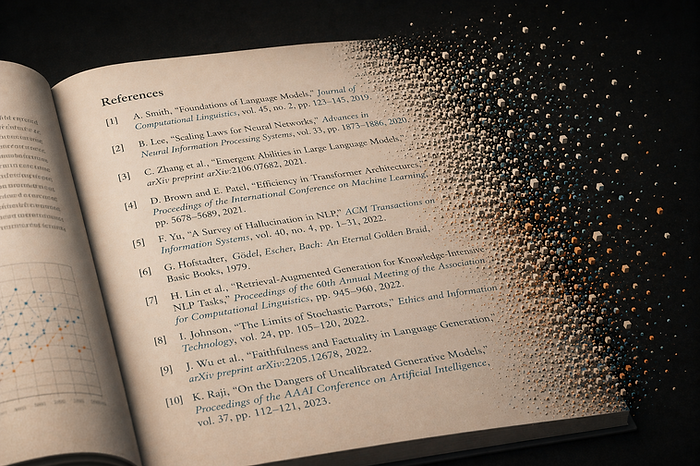 Open book with references list, black and beige page design. Pixelated, colorful cube pattern emerges from the right edge, creating an abstract effect.