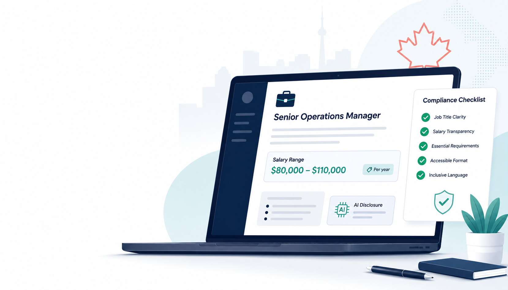 Ontario job posting rules guide 2026: salary range, AI disclosure, and Canadian experience ban shown on a sample job ad.
