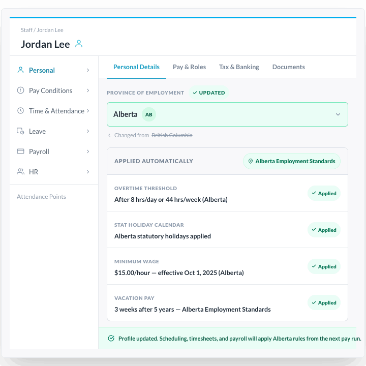 Workforce.com automatically applying correct provincial payroll rules when province of employment changes on employee profile